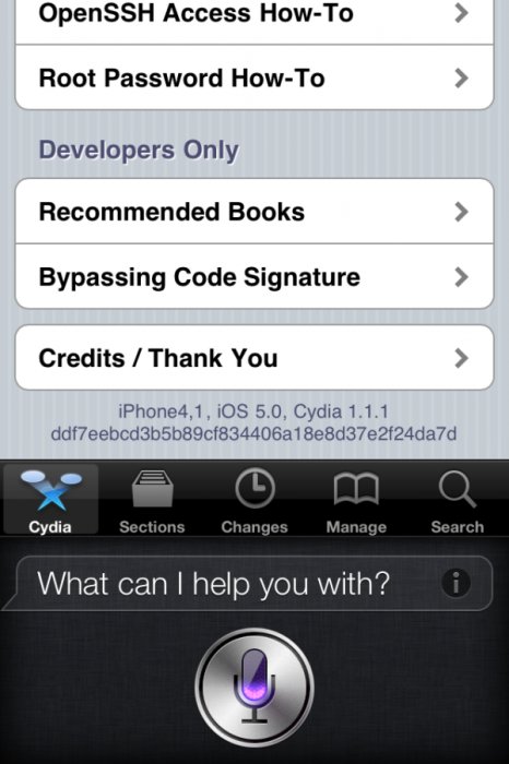Apple iPhone 4S Jailbreak running Cydia with Siri