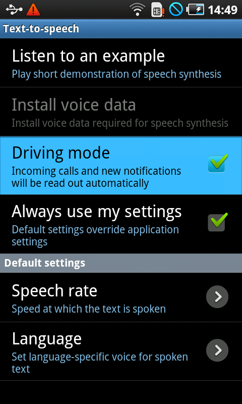 Samsung Galaxy S2 Driving Mode widget